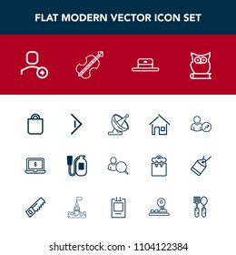 Modern, simple vector icon set with safety, house, satellite, screen, music, cap, laptop, equipment, celebration, online, home, fire, delete, building, gift, musical, bag, technology, button icons