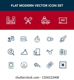 Modern, simple vector icon set with business, gas, nature, audio, home, petrol, luggage, space, blue, search, fast, chalkboard, play, moon, gasoline, delivery, landscape, player, estate, message icons