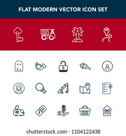 Modern, simple vector icon set with trumpet, summer, sport, vintage, halloween, reel, fear, lock, online, rod, falling, horror, jazz, route, young, navigation, ghost, find, magnifying, shiny icons