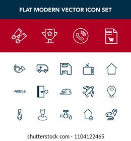 Modern, simple vector icon set with hit, supermarket, phone, video, cap, spy, strike, sign, market, ambulance, sport, door, medical, television, jazz, search, computer, shopping, escape, hobby icons