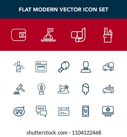 Modern, simple vector icon set with legal, fashion, food, office, machine, equipment, cash, lipstick, profile, sea, male, justice, kitchen, beauty, creative, courthouse, stationery, chicken, red icons