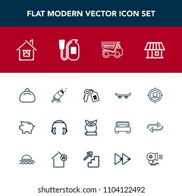 Modern, simple vector icon set with bank, key, headphone, animal, marketing, coin, board, tipper, sound, dumper, truck, telescope, sky, star, bag, house, object, equipment, target, customer, owl icons