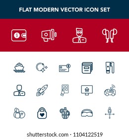 Modern, simple vector icon set with education, night, employee, balance, audio, money, device, space, ocean, yacht, music, technology, employer, job, credit, bank, sky, moon, launch, profile icons