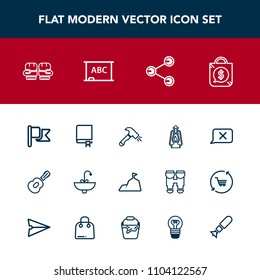Modern, simple vector icon set with study, price, sport, equipment, blue, guitar, sink, sky, shovel, fight, competition, tag, closed, education, boxing, landscape, lamp, black, glove, board, bag icons