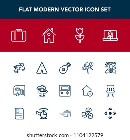 Modern, simple vector icon set with button, hanger, blossom, adventure, ufo, car, delivery, flower, spaceship, web, arrow, telephone, bag, technology, house, video, internet, musical, space, old icons