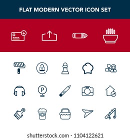 Modern, simple vector icon set with brush, military, cook, strategy, soup, sack, audio, open, unlock, worker, protection, uniform, stationery, music, equipment, roller, people, game, chief, chef icons