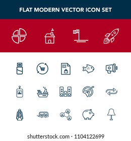 Modern, simple vector icon set with retail, pie, rocket, button, white, trolley, ship, plug, science, notebook, war, food, seafood, announcement, play, sound, shopping, supermarket, player, baja icons