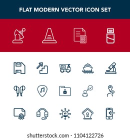 Modern, simple vector icon set with dumper, computer, communication, business, security, white, downstairs, headset, boat, safety, biology, vehicle, plug, tipper, guitar, folder, money, down, up icons