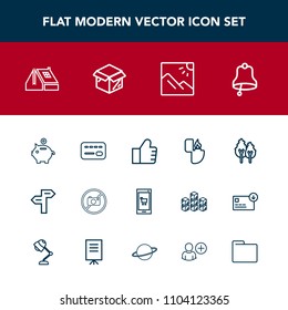 Modern, simple vector icon set with travel, credit, forbidden, photo, environment, object, arrow, investment, nature, finance, window, fire, house, bell, money, home, coin, find, cigarette, web icons