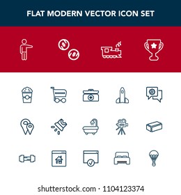 Modern, simple vector icon set with place, winner, train, kit, projector, rocket, showing, modern, communication, trolley, shuttle, travel, market, bathroom, award, video, road, cross, box, aid icons