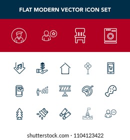 Modern, simple vector icon set with comfortable, chair, music, download, housework, instrument, life, drum, development, machine, sound, technology, growth, interior, building, musical, personal icons
