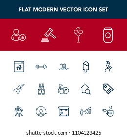 Modern, simple vector icon set with gym, real, location, water, house, can, container, ice, aluminum, exercise, wear, bowling, uniform, route, sport, status, work, metal, property, workout, pool icons