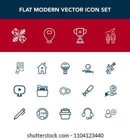 Modern, simple vector icon set with location, office, map, internet, action, paper, growth, victory, estate, mobile, video, extreme, house, success, space, competition, media, jump, morning, sky icons