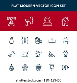 Modern, simple vector icon set with key, download, space, astronaut, cooking, pen, equality, station, fruit, barbecue, business, organic, web, rent, equipment, check, megaphone, cosmonaut, fresh icons