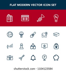 Modern, simple vector icon set with support, parachuting, furniture, mobile, house, game, couch, chessboard, location, interior, call, operator, estate, success, travel, nature, tent, growth icons