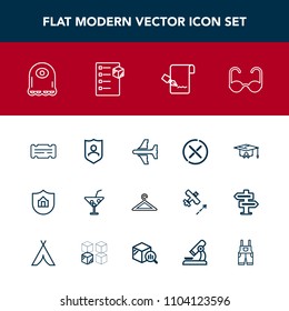 Modern, simple vector icon set with paper, sign, cocktail, cancel, clothing, coupon, travel, airplane, security, aircraft, plane, sunglasses, alien, house, protect, graduation, stop, flight, pen icons