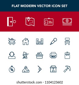 Modern, simple vector icon set with identification, identity, real, document, play, home, name, exit, bed, grill, player, money, id, door, business, public, cash, hotel, bbq, cooking, speaker icons