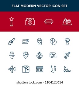 Modern, simple vector icon set with bulb, shop, location, success, job, credit, drink, compass, cafe, bun, shovel, direction, work, card, switch, fahrenheit, table, thermometer, cup, travel, air icons