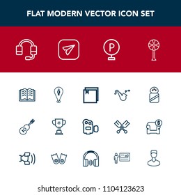 Modern, simple vector icon set with salt, ventilator, travel, camera, technology, electric, cooler, spice, white, map, headset, sound, book, pin, musical, winner, urban, bugle, music, ingredient icons