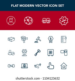 Modern, simple vector icon set with sale, handle, risk, contract, winner, door, sign, award, estate, palm, profile, first, nature, equipment, lawyer, boxing, internet, video, key, web, place icons