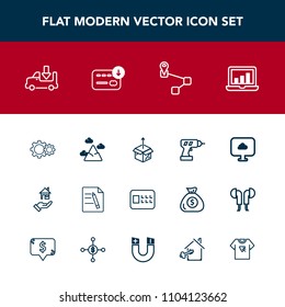 Modern, simple vector icon set with bank, location, safe, drill, sky, graphic, map, work, nature, point, hand, transportation, equipment, file, home, landscape, blue, unpacking, truck, box, rent icons