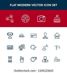 Modern, simple vector icon set with winner, sun, food, morning, equipment, envelope, bread, house, microphone, achievement, paper, first, music, nature, cassette, stereo, screen, white, place icons