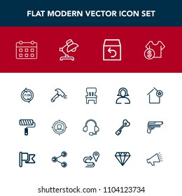 Modern, simple vector icon set with home, concept, tool, price, timetable, shop, apartment, favorite, sale, chair, target, return, help, house, schedule, calendar, brush, woman, young, day, face icons