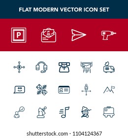 Modern, simple vector icon set with telephone, dollar, television, street, transport, post, hand, car, email, name, work, identification, identity, drill, machine, communication, smile, space icons