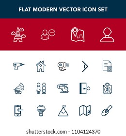 Modern, simple vector icon set with white, fan, air, female, vintage, helicopter, finance, money, girl, hand, record, sky, business, drill, home, transport, location, tower, right, landmark, map icons