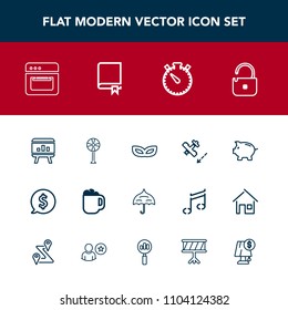 Modern, simple vector icon set with kitchen, mug, coffee, infographic, electric, celebration, finance, template, fan, ventilator, investment, cooler, masquerade, travel, watch, equipment, party icons