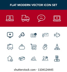 Modern, simple vector icon set with sack, speech, technology, white, web, finance, notebook, laptop, fun, food, travel, fish, buy, video, sea, call, roller, airport, object, communication, axe icons