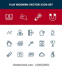 Modern, simple vector icon set with magnetic, white, speech, landlord, game, pole, cash, people, wand, bank, spatula, chess, kitchen, house, business, door, tool, utensil, magic, element, mobile icons