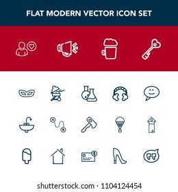 Modern, simple vector icon set with technology, barbecue, security, business, masquerade, sign, point, sink, beer, tool, map, destination, key, headset, house, sound, axe, party, meat, speech icons