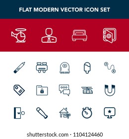 Modern, simple vector icon set with travel, sale, monster, bank, furniture, message, speech, transport, bubble, cartoon, sweet, banking, price, pen, vision, office, spy, watch, glasses, bedroom icons