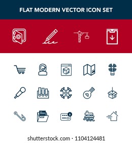 Modern, simple vector icon set with internet, center, retail, business, download, trolley, drone, saw, delivery, audio, headset, medical, lighthouse, music, world, safety, sound, call, seamark icons