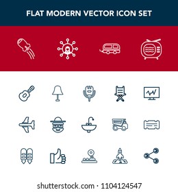 Modern, simple vector icon set with tv, furniture, lamp, airplane, transportation, sink, bathroom, space, diagnostic, antenna, faucet, armchair, rocket, electricity, happy, bus, interior, flight icons