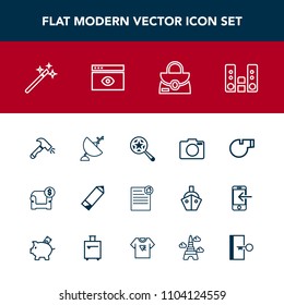 Modern, simple vector icon set with lens, communication, camera, audio, web, shovel, estate, interior, wand, couch, construction, satellite, sofa, pen, magician, player, contract, pencil, real icons