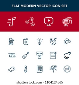 Modern, simple vector icon set with camera, concept, barbecue, can, space, guitar, tune, blue, media, ship, bin, spaceship, garbage, rail, sky, business, bank, trash, cocktail, summer, music icons