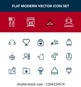 Modern, simple vector icon set with science, transportation, money, travel, bag, finance, shop, rent, personal, spoon, style, audio, cosmonaut, property, object, upload, astronaut, fork, leather icons