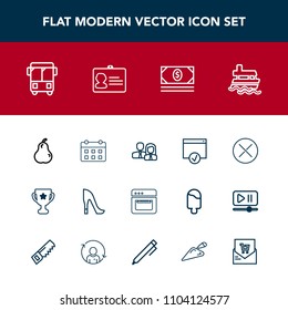 Modern, simple vector icon set with boat, transportation, equipment, timetable, shoe, food, close, business, calendar, ocean, sea, bus, fashion, schedule, organic, award, female, time, style icons