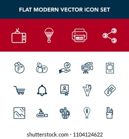 Modern, simple vector icon set with lens, printer, trolley, temperature, sign, bowling, retail, investment, technology, parachute, pin, ball, contact, shop, game, screen, video, share, office icons