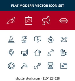 Modern, simple vector icon set with song, electricity, boy, speaker, landlord, compass, bun, food, loudspeaker, megaphone, south, east, microphone, north, interior, frame, mask, construction, up icons