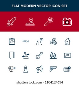 Modern, simple vector icon set with photo, photography, old, road, strike, page, camera, blue, sport, lock, book, sky, building, house, science, sign, picture, photographer, ball, technology icons