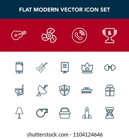 Modern, simple vector icon set with achievement, place, first, guitar, communication, air, meeting, fan, electric, crown, technology, mask, white, award, call, royal, winner, ring, king, circle icons