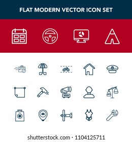 Modern, simple vector icon set with sun, note, gramophone, home, tent, paper, timetable, travel, office, cycle, transportation, equipment, vintage, captain, outdoor, construction, time, calendar icons