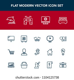 Modern, simple vector icon set with flipper, mask, trolley, glass, diving, dolphin, shop, wildlife, media, setting, summer, cargo, security, lock, video, extreme, internet, underwater, sign, box icons