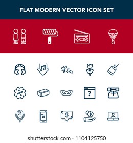 Modern, simple vector icon set with technology, star, brick, sale, paint, roll, happy, flower, audio, radio, standing, internet, falling, celebration, brush, tool, sky, jump, construction, music icons