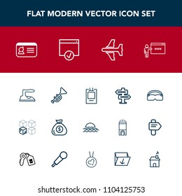 Modern, simple vector icon set with airplane, room, internet, domestic, bugle, landscape, package, dont, jazz, clothes, web, financial, housework, id, sun, trumpet, name, doorknob, ironing, go icons