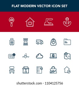 Modern, simple vector icon set with magnifying, business, folder, housework, iron, baggage, timer, object, time, direction, tropical, office, ironing, hour, domestic, bus, money, luggage, style icons