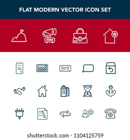 Modern, simple vector icon set with gramophone, business, leather, delivery, estate, order, bag, style, ticket, speech, money, financial, nature, finance, real, building, map, bill, music, house icons